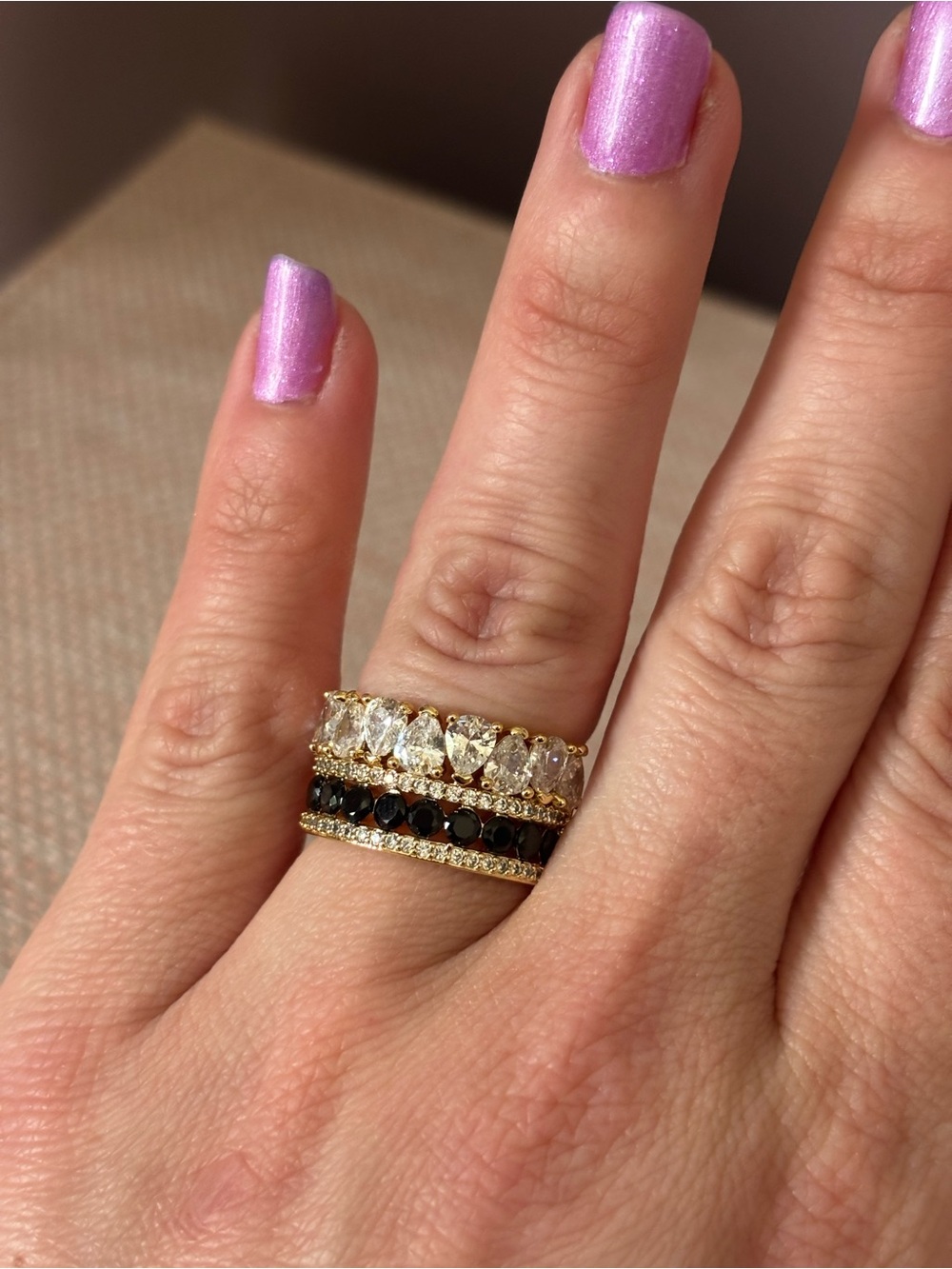 Size 7 Gold Stackable Crystal and Black onyx Stone Women’s Ring